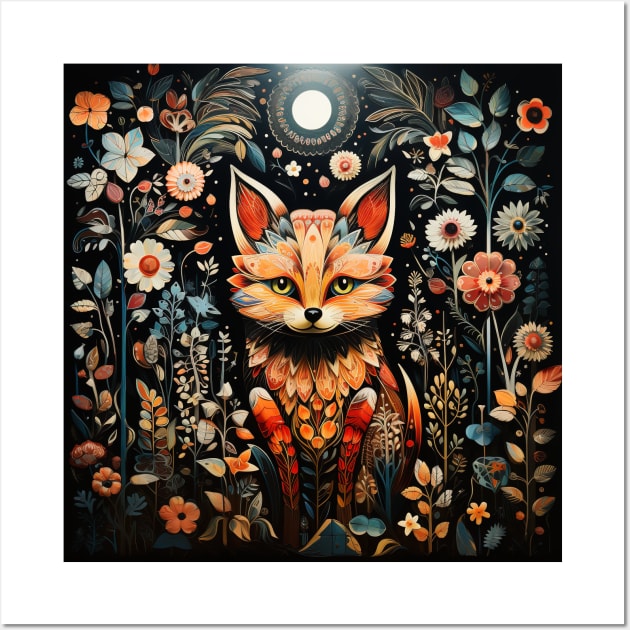 Surrealistic Folk Art Dark Floral Motif Fox Design Wall Art by The Little Store Of Magic